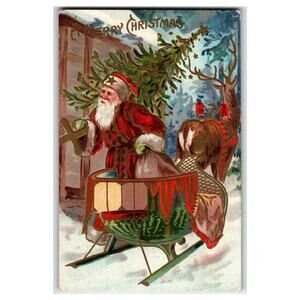 Vintage Embossed Santa Claus Christmas Postcard with Tree Sleigh & Reindeer